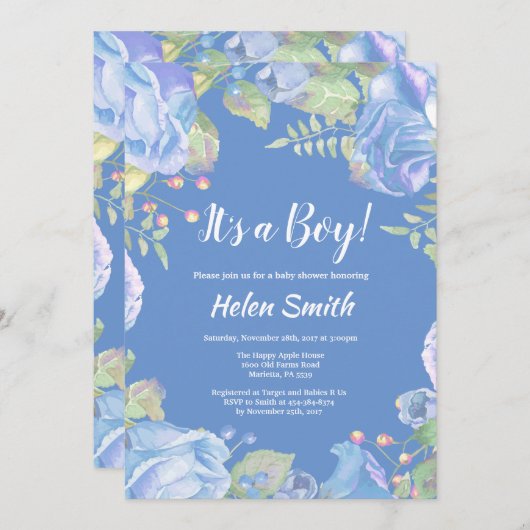 Het is een Jongen Blue Floral Baby shower uitnodig Kaart (Voorkant / Achterkant)