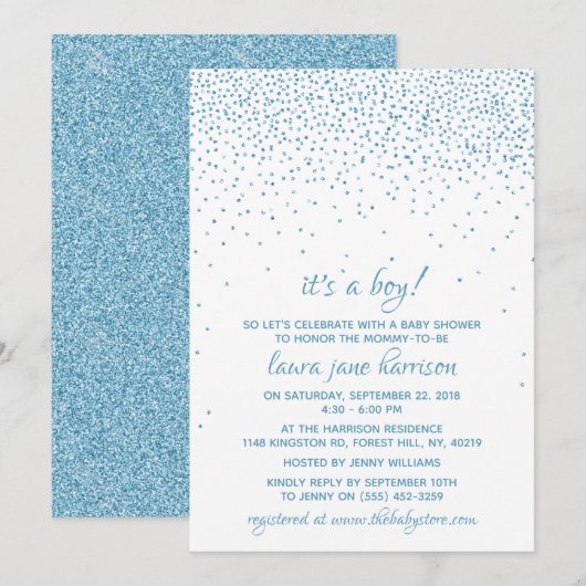 Het is een jongen! Blue Glitter Confetti Baby show Kaart (Voorkant / Achterkant)