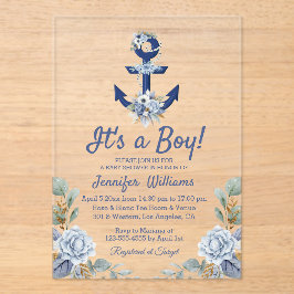 Het is een jongen, Blue Navy bloemenschip nautisch Acryl Uitnodigingen