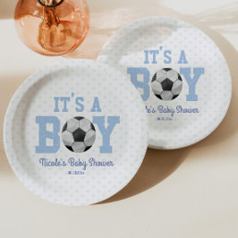 Het is een jongen! Blue Soccer Baby shower Papieren Bordje