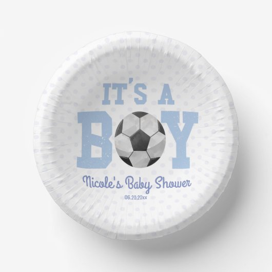 Het is een jongen! Blue Soccer Baby shower Papieren Kommen (Voorkant)