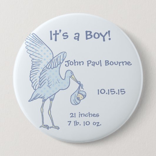 Het is een jongen! Blue Stippen Stork Button (Voorkant)