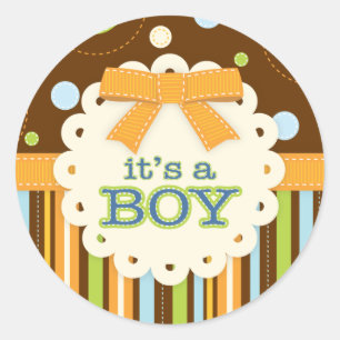 Het is een Jongen Bow Blue Brown in Stitches Baby Ronde Sticker