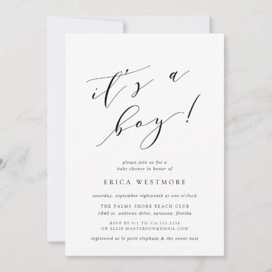 Het is een jongen | Calligrafie Baby shower Uitnod Kaart (Voorkant)