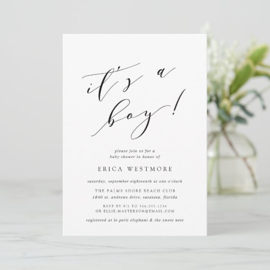 Het is een jongen | Calligrafie Baby shower Uitnod Kaart (Staand voorkant)