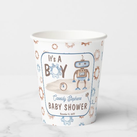 Het is een jongen Cute Blue | Baby shower Greige R Papieren Bekers (Achterkant)