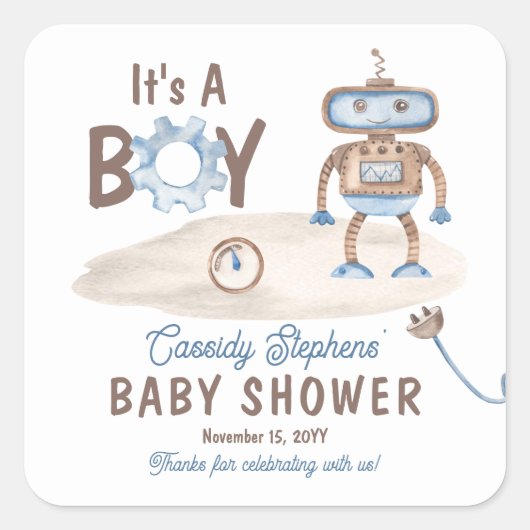 Het is een jongen Cute Blue | Baby shower Greige R Vierkante Sticker (Voorkant)