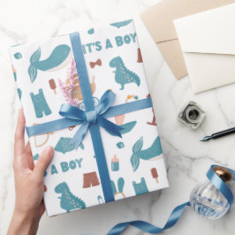 Het is een jongen. Cute blue grappigs speelgoed ba Cadeaupapier