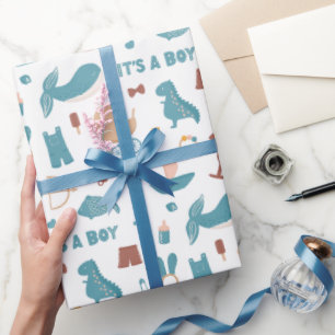 Het is een jongen. Cute blue grappigs speelgoed ba Cadeaupapier