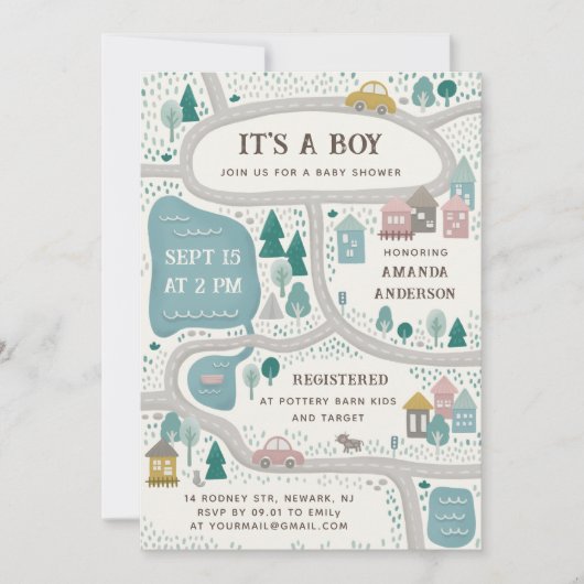 Het is een jongen. Cute grappige road map baby sho Kaart (Voorkant)