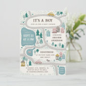 Het is een jongen. Cute grappige road map baby sho Kaart (Staand voorkant)