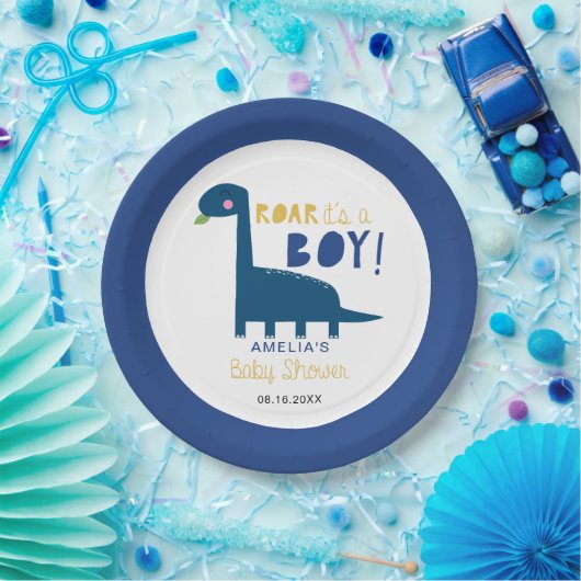 Het is een jongen Dinosaur Baby shower Cute Blue Papieren Bordje (Feest)