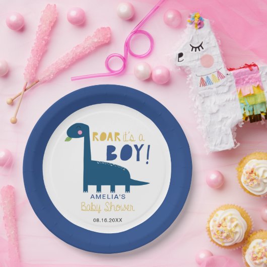 Het is een jongen Dinosaur Baby shower Cute Blue Papieren Bordje (Feest)