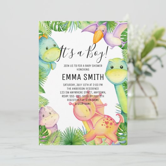 Het is een Jongen Dinosaur Baby shower Party nodig Kaart (Staand voorkant)