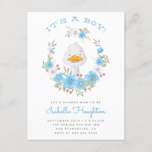 Het is een jongen! Duck & Blue Floral Wreated Baby Uitnodiging Briefkaart