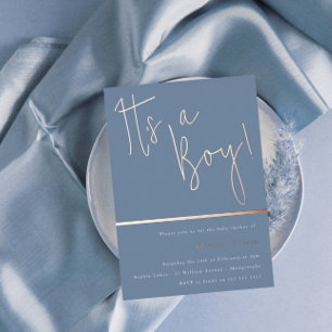 Het is een jongen! Dusty Blue Modern Baby shower R Folie Uitnodiging