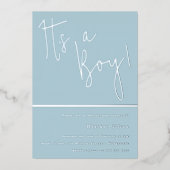 Het is een jongen! Dusty Blue & Silver Baby shower Folie Uitnodiging (Voorkant)