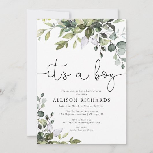 Het is een jongen eenvoudig modern groen baby show kaart (Voorkant)