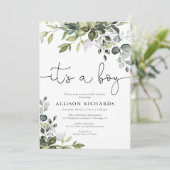 Het is een jongen eenvoudig modern groen baby show kaart (Staand voorkant)