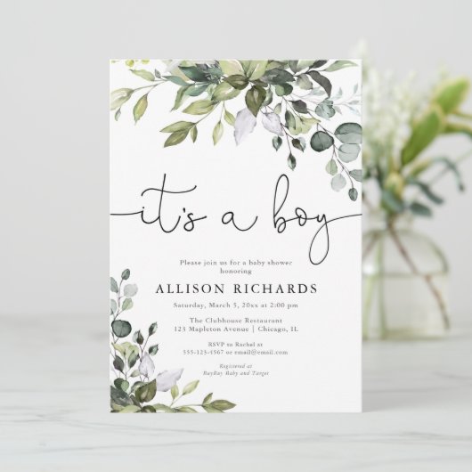 Het is een jongen eenvoudig modern groen baby show kaart (Staand voorkant)