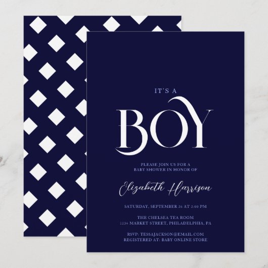 "Het is een jongen" Elegant Chic Blue Baby shower Kaart (Voorkant / Achterkant)