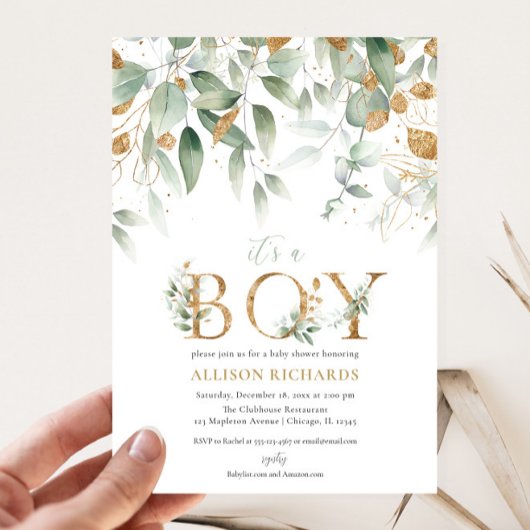Het is een Jongen elegant simpel groen baby shower Kaart