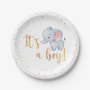 Het is een jongen! Elephant Baby shower Party Papieren Bordje