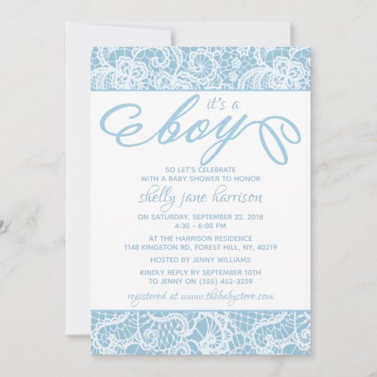 Het is een jongen! Fancy blauw en wit Baby shower Kaart (Voorkant)