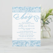 Het is een jongen! Fancy blauw en wit Baby shower Kaart (Staand voorkant)
