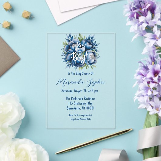 Het is een jongen! Fopspeen & pioenen Baby shower Acryl Uitnodigingen (Insitu (Huwelijk))