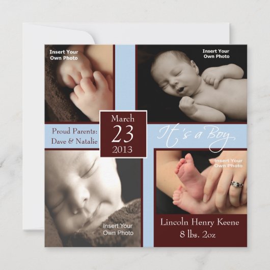 Het is een Jongen Foto Collage Birth Announements Aankondiging (Voorkant)