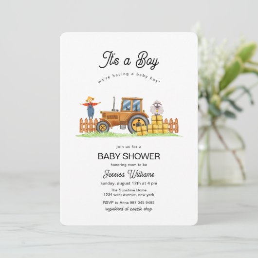 Het Is Een Jongen Framer Tractor Baby Shower  Kaart (Staand voorkant)