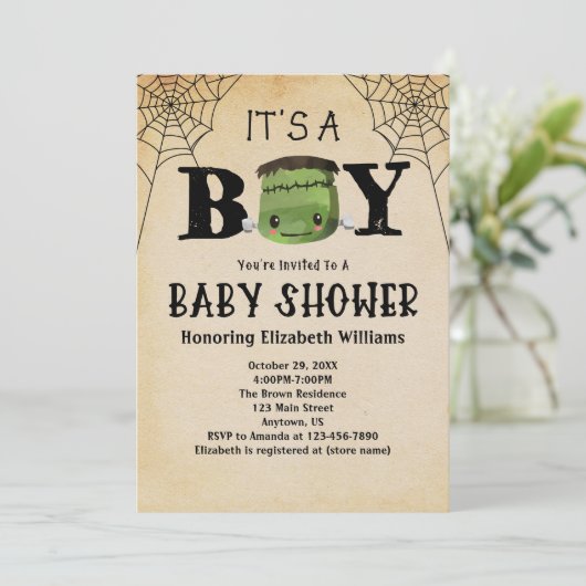 Het is een jongen Frankenstein Halloween Baby show Kaart (Staand voorkant)