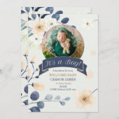 Het is een Jongen Geboorte Blauwe en Gele Bloesems Aankondiging (Voorkant / Achterkant)