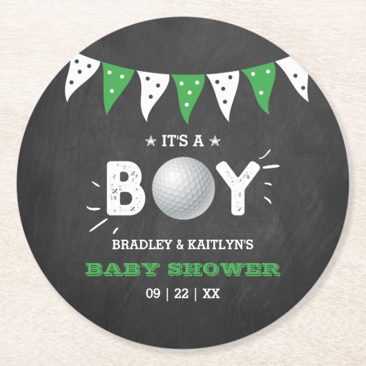 Het is een jongen! Golf ThMED Co-ed Baby shower Ronde Kartonnen Onderzetter (Voorkant)