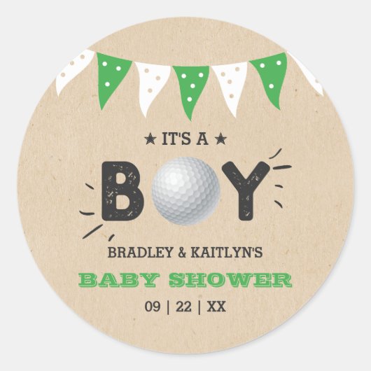 Het is een jongen! Golf ThMED Co-ed Baby shower Ronde Sticker (Voorkant)