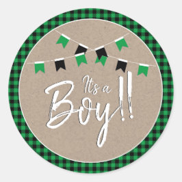 Het Is Een Jongen Groen Buffalo Check Baby Shower Ronde Sticker