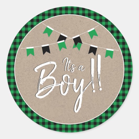 Het is een jongen groene buffel check Baby shower Ronde Sticker (Voorkant)