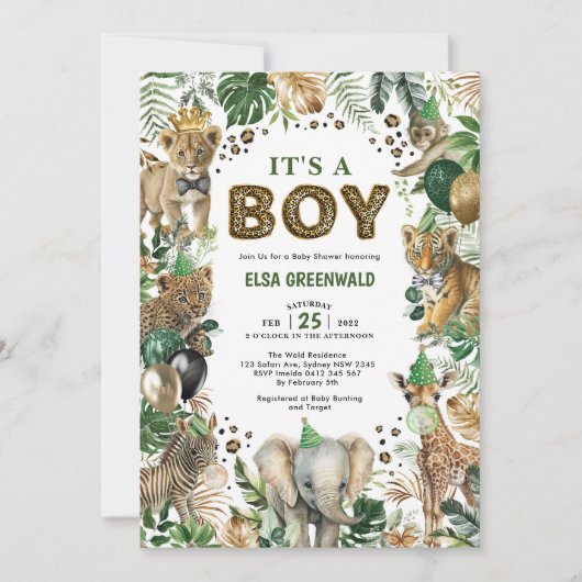 Het is een Jongen Jungle Safari Wilde Dieren Babyf Kaart (Voorkant)