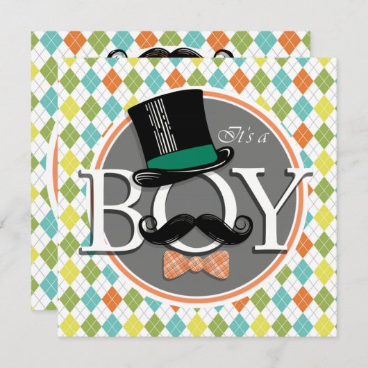Het is een jongen! Kleurrijke Argyle Kaart (Voorkant / Achterkant)