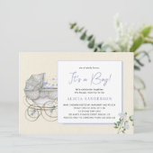 Het is een jongen  koets baby shower feest kaart (Staand voorkant)