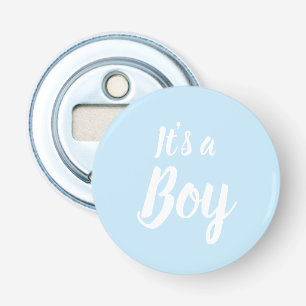 Het is een jongen, lichtblauw baby shower-geslacht button flesopener