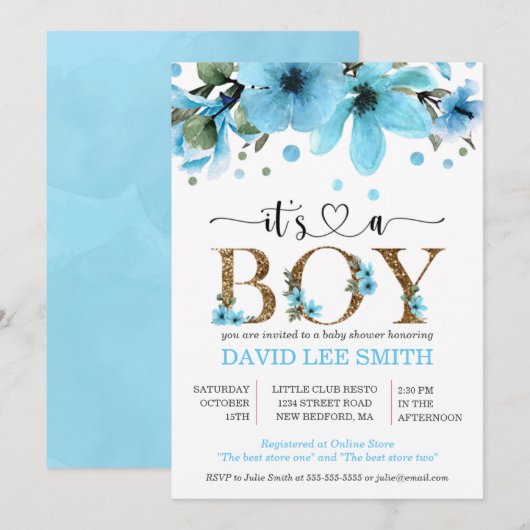 Het is een jongen Lichtblauw en gouden waterverf (Voorkant / Achterkant)