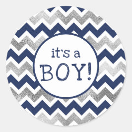 Het is een jongen marine zilver baby shower favor  ronde sticker