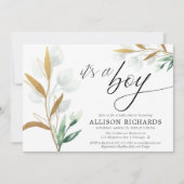 Het is een jongen modern groen goud baby shower kaart (Voorkant)