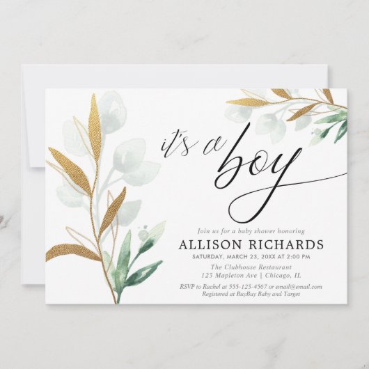 Het is een jongen modern groen goud baby shower kaart (Voorkant)