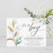 Het is een jongen modern groen goud baby shower kaart (Staand voorkant)