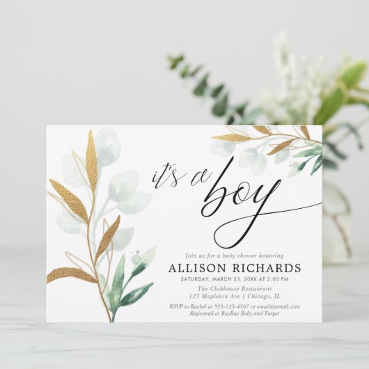 Het is een jongen modern groen goud baby shower kaart (Staand voorkant)