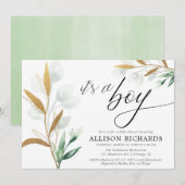 Het is een jongen modern groen goud baby shower kaart (Voorkant / Achterkant)