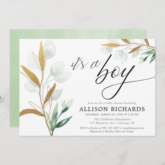 Het is een jongen modern groen goud baby shower kaart (Voorkant / Achterkant)